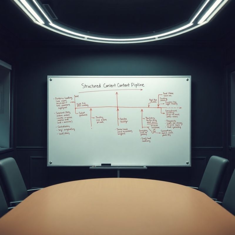 Whiteboard with a structured content pipeline diagram